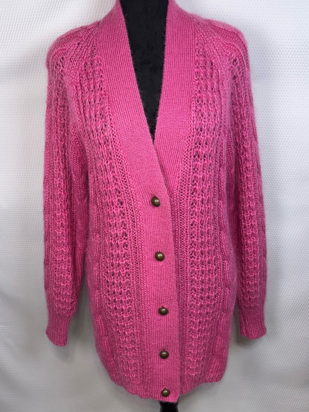 Fuzzy Mohair Pink Cable Knit Chunky Cardigan Sz Medium Sweater by Karen Scott